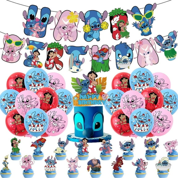 Stitch Party Supplies, Birthday Decorations Set Include Banner, Balloons, Cake Cupcake Toppers, for Boys Girls Theme Party