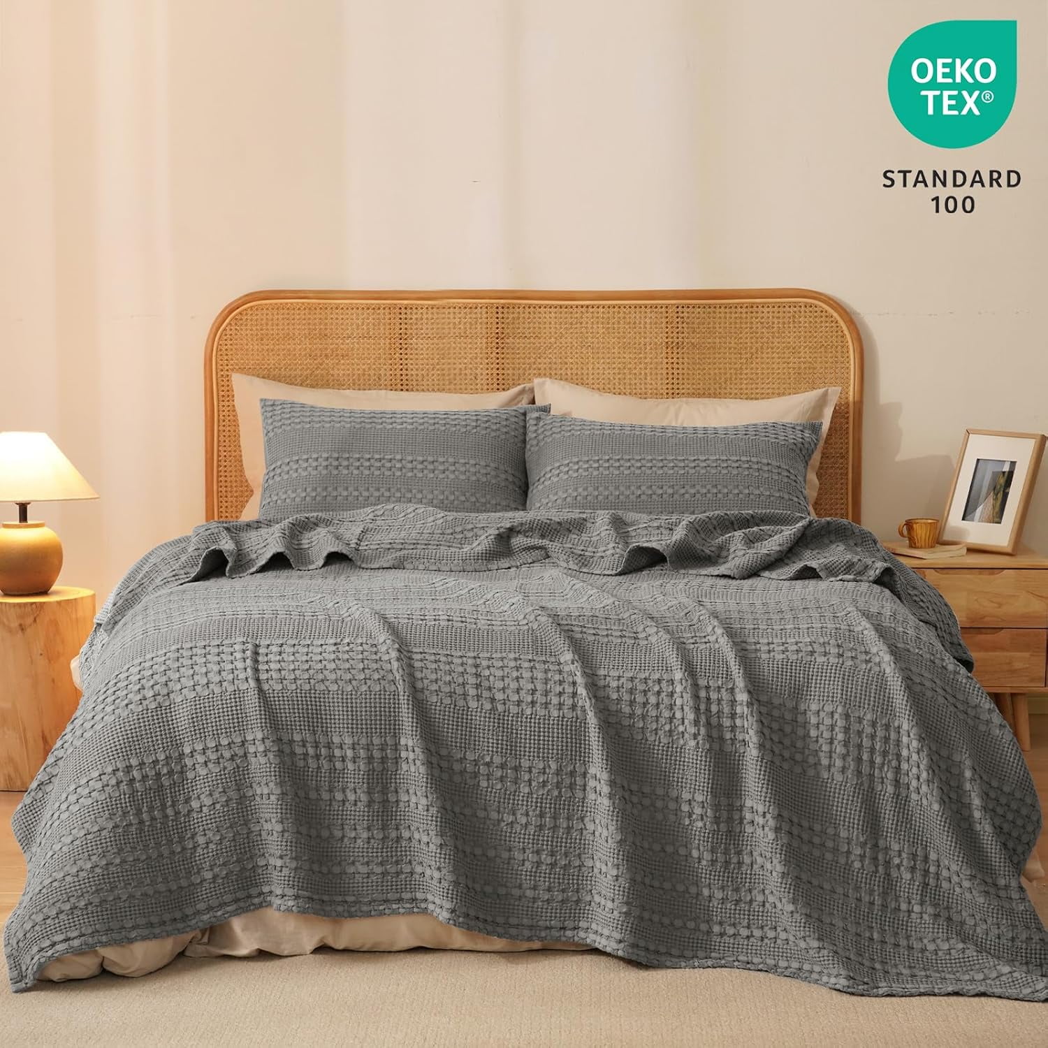 PHF 100% Cotton Waffle Weave Blanket, Lightweight King Washed Blanket for Bed Sofa Home Decor, Dark Grey, 108"x90"