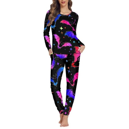 

Binienty Halloween Colorful Bats Women Nightwear Pajama Sets for Girlfriend Mother Wife Friends Long Sleeve Top with Long Pants Matching Set Loose Fit Skin Friendly Big Girls Sleepwear Beach Wear 6XL