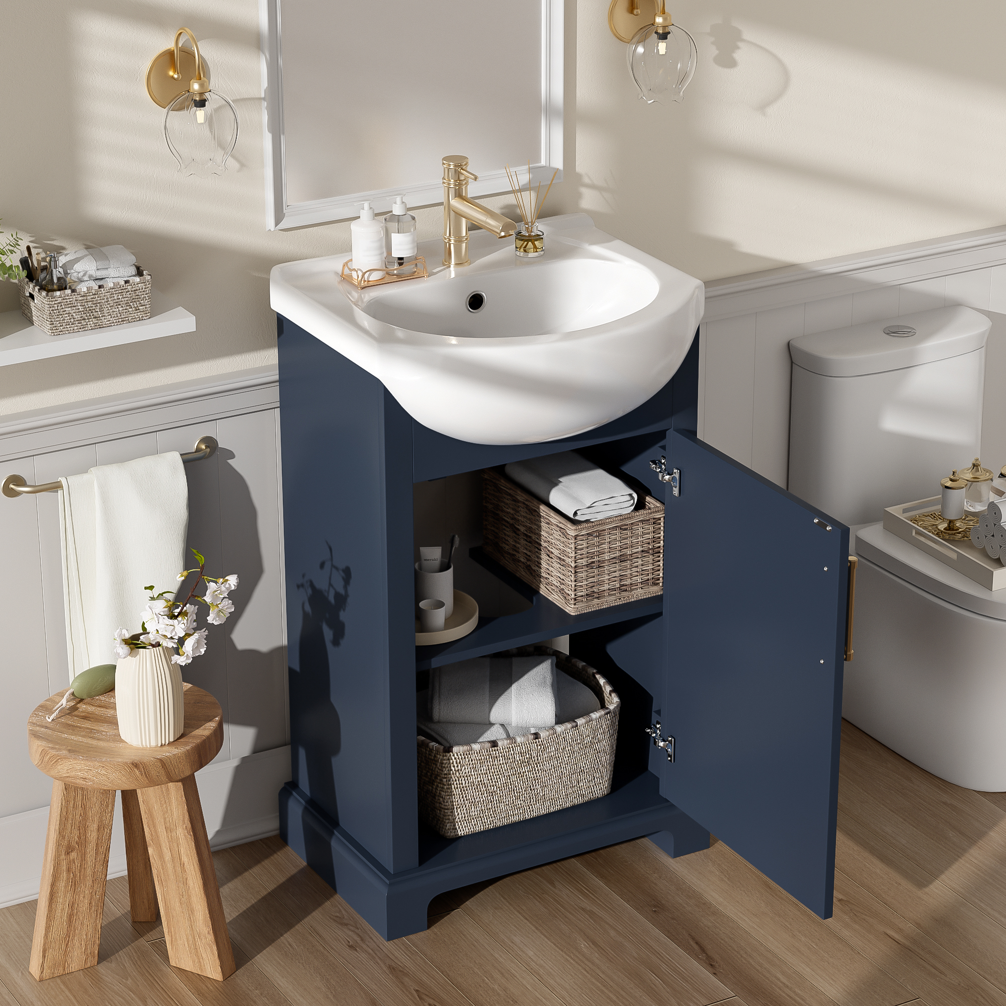 20-inch Bathroom Vanity with Ceramic Sink, Freestanding Single Vanity Set with Soft Closing Door, Bulged Ceramic Basin, French Style, Blue