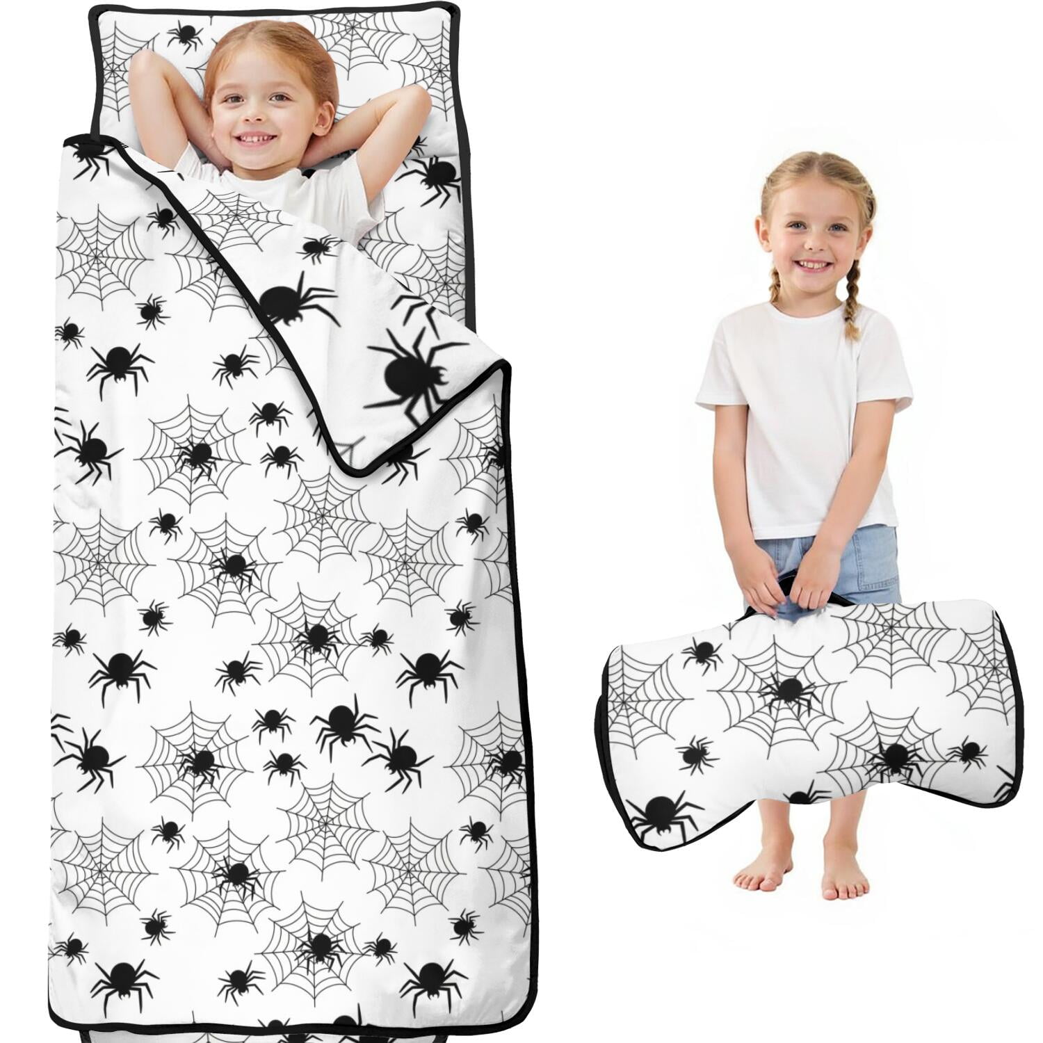 Black Halloween Spider Webs Kids Nap Mat Sleeping Mat with Removable Pillow with Handle & Fastening Straps Portable with Handle Gifts for Birthday Holiday 60 x20