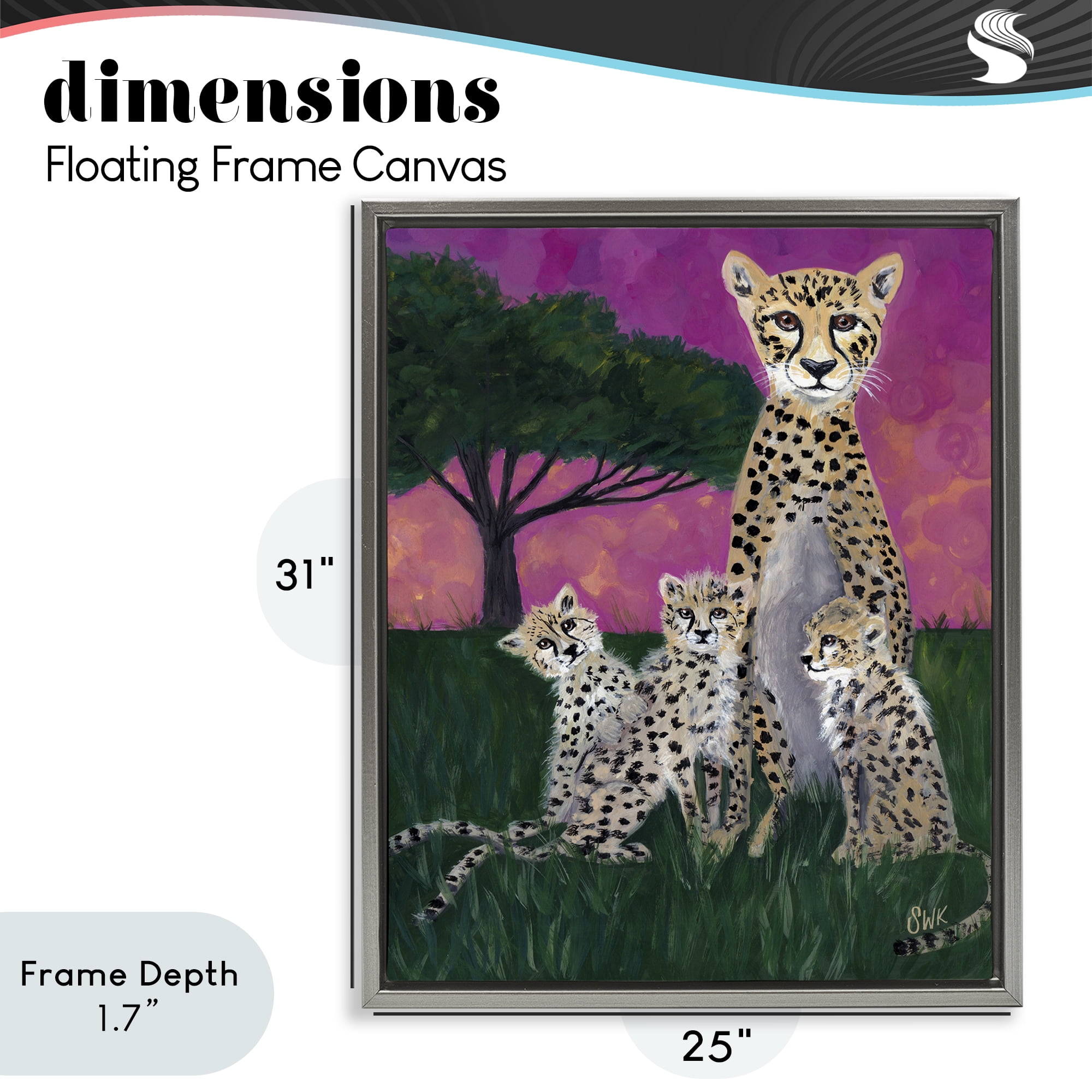 Stupell Industries Mama Cheetah & Her Cubs Gray Framed Floater Canvas Wall Art, design by Sarah Waldron Kimball