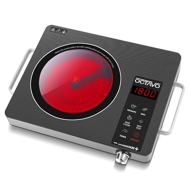 OCTAVO 1800 Watt Portable Infrared Burner, electric burner with 4 Hours Timer, Electric Hot Plate Touch Control Panel Adjustable Heating Power, Glass