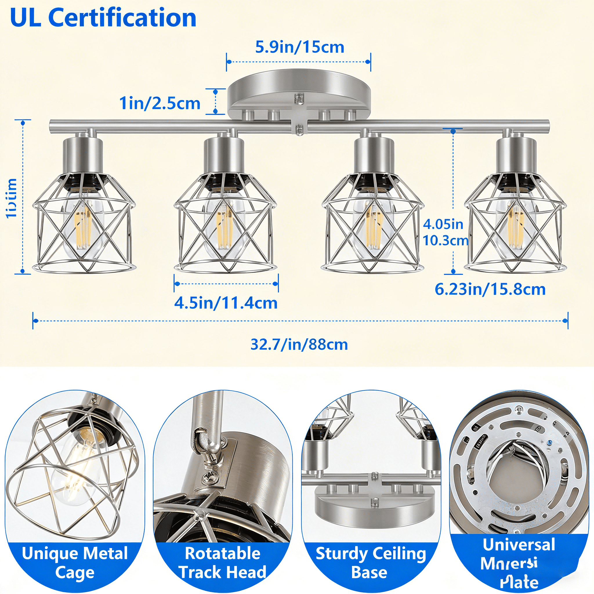 Adjustable Multi-Directional Brushed Nickel Light Fixtures, Semi Flush Mount Ceiling Light, Kitchen Light Fixtures Ceiling Mount, Geometric Metal Cage Industrial Spotlight Fixtures