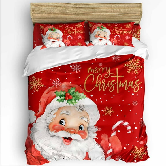Merry Christmas King Size Comforter Set, Red Santa Claus Poinsettia Winter Snowflake Soft Bedding for All Seasons, 4 Pcs Bed Set with 1Comforter (90"x106") ,1 Sheet(94"x116"), 2 Pillowcases (19"x35")