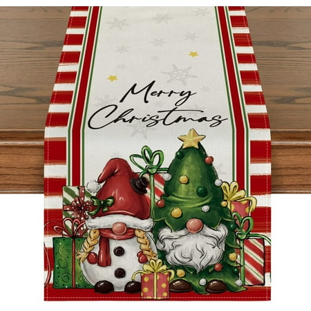 

Stripes Gnome Snowman Gift Merry Christmas Table Runner Seasonal Winter Kitchen Dining Table Decoration for Outdoor Home Party 13x72 Inch