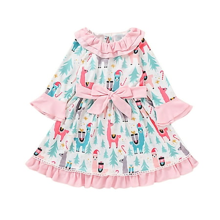 

Rovga Dresses For Girls Xmas Toddler Kids Child Baby Girls Cute Cartoon Animals Long Ruffled Sleeve Patchwork Bowknot Princess Dress Christmas Outfits Clothes Casual Clothing