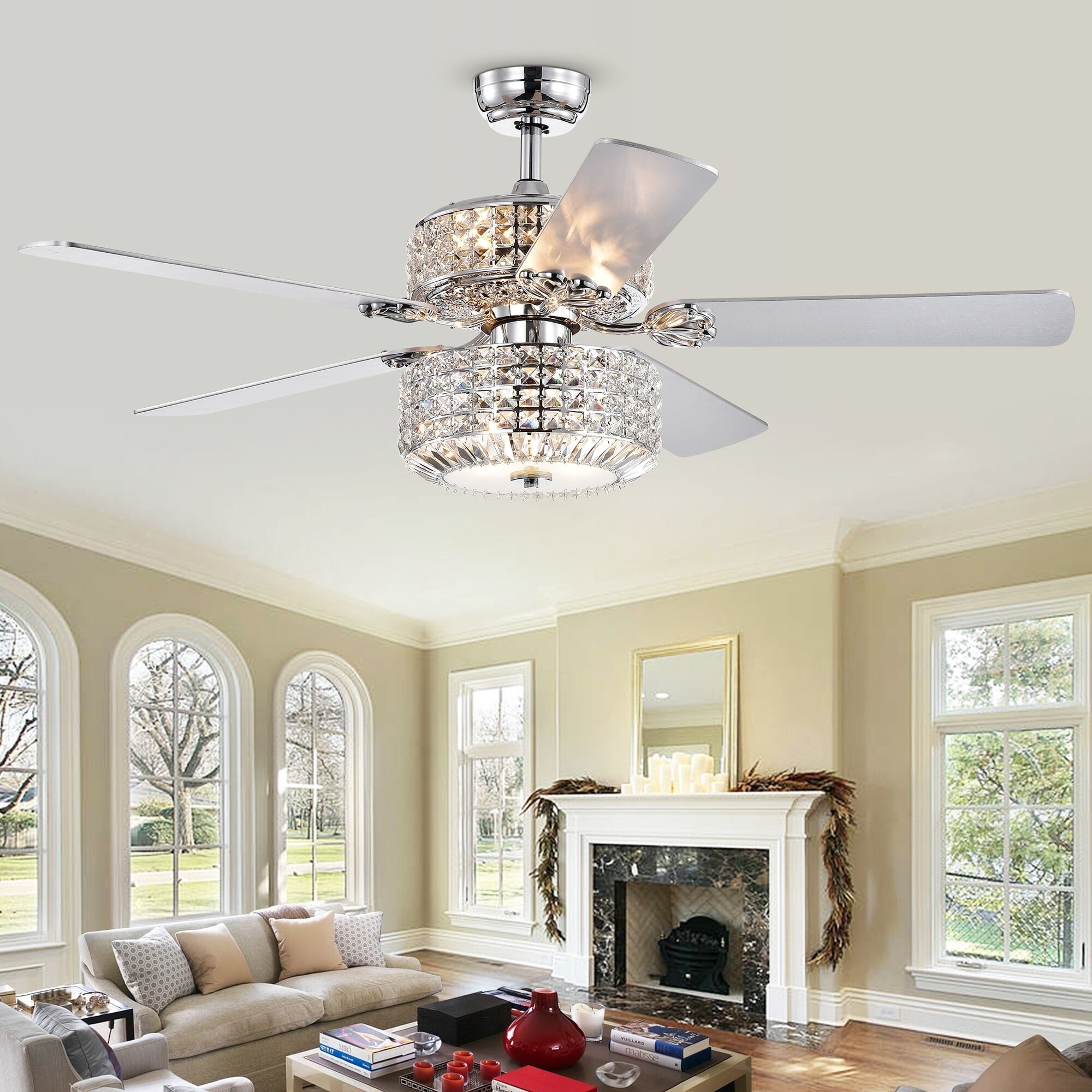 Walter Dual Lamp Chrome 52-inch Lighted Ceiling Fan w Crystal Shades (includes Remote and Light Kit)