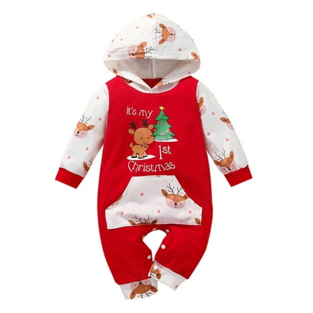 

WEARELLAKIDS Toddler Infant Newborn Kids Baby Long Sleeve Playsuit Christmas Hooded Xmas Hoodies Jumpsuit With Pocket 0-12M