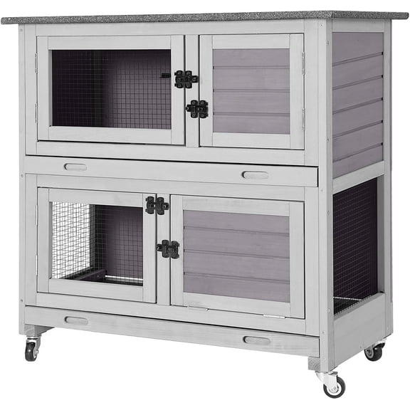 MEDEHOO Rabbit Hutch Outdoor Indoor Bunny Cage 2 with Large Pull-Out Trays 2 Story Guinea Pig Cage on Wheels- Move Freely