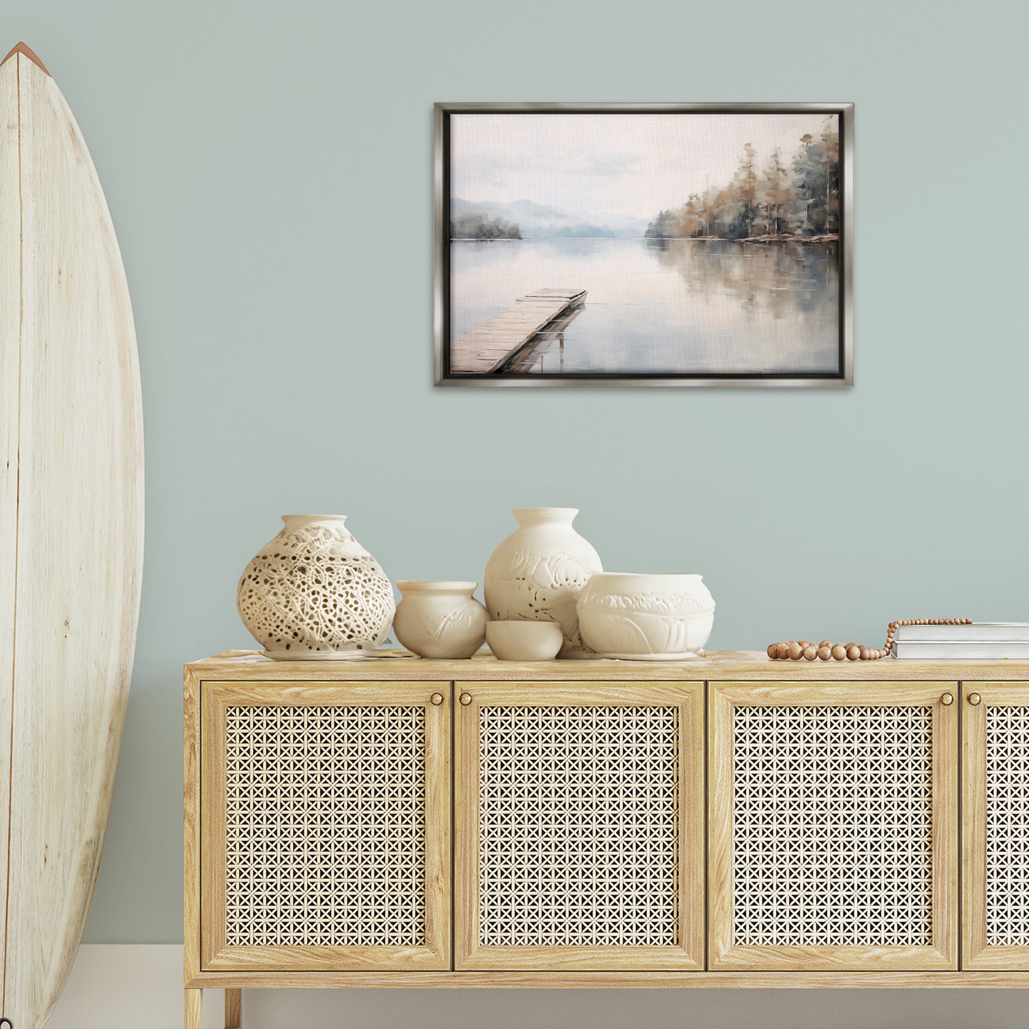 Stupell Industries Old Lake Dock View Landscape & Nature Painting Gray Floater Framed Canvas Art Print Wall Art, 31 x 21