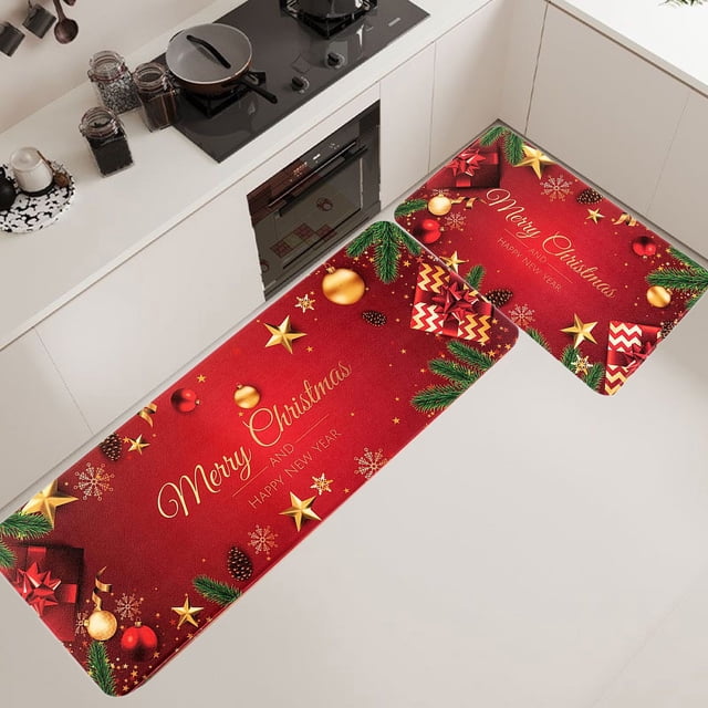 Decoración navideña: Juego de 2 alfombras de cocina rojas y tapetes de regalo navideños para el suelo, antideslizantes, decoración navideña para la cocina, juegos de alfombras de cocina, decoración na