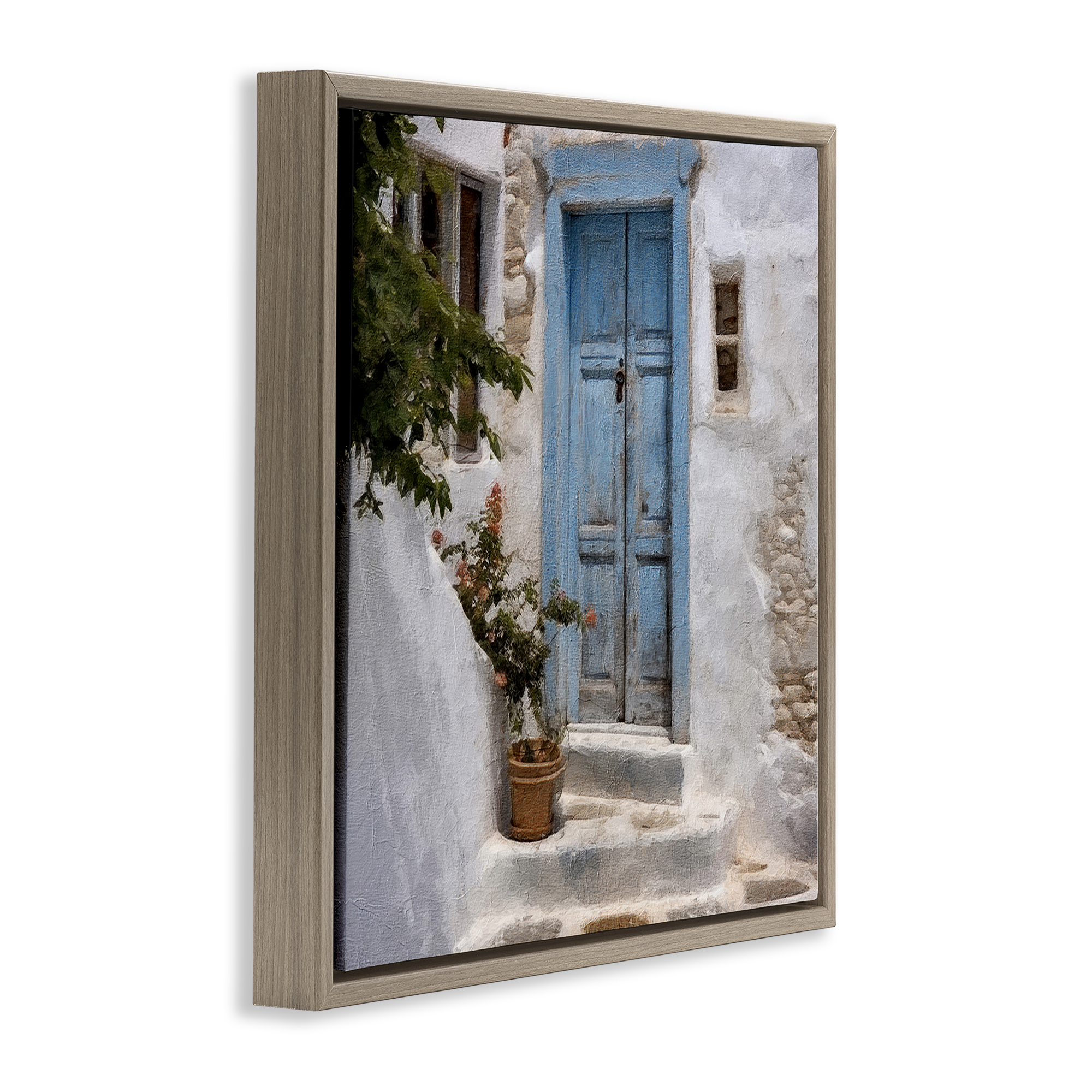 Stupell Industries Blue Greek Door Town & City Painting Brown Floater Framed Canvas Art Print Wall Art, 25 x 25