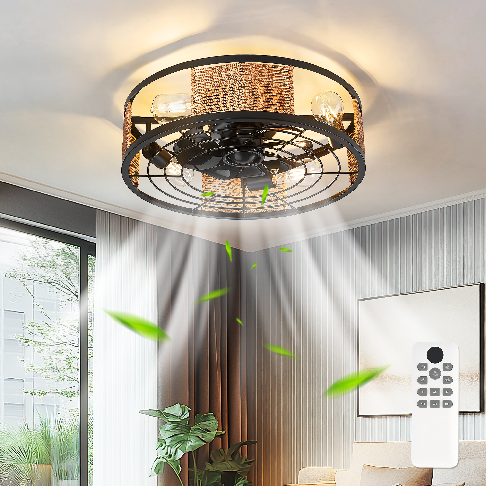 Ltmate 20 in. Indoor Black 100-240 V with Remote Control Rattan Cage Ceiling Fan with Light