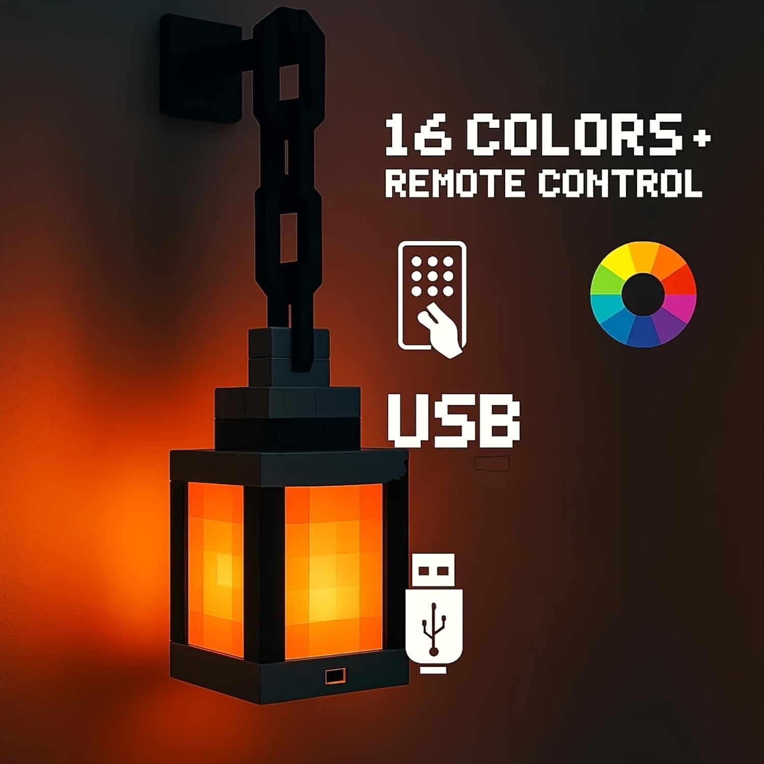Pixelated Lantern Night Light, 16 Colors Rechargeable LED Lamp with Remote, Retro Pixel Style Table/Wall Light for Bedroom Gaming Kids Room Decor