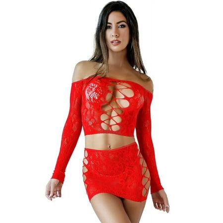 Savage Sexy Lingerie 2 Piece OFf Shoulder Dream Lace Cut Out Front Long Sleeve Skirt Set  Red  One Size (Women s)