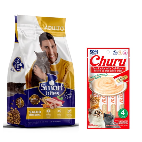 SMART BITES GATO 15 KG + Churu Atún con Cangrejo Sobre con 4 Tubos de 14 g