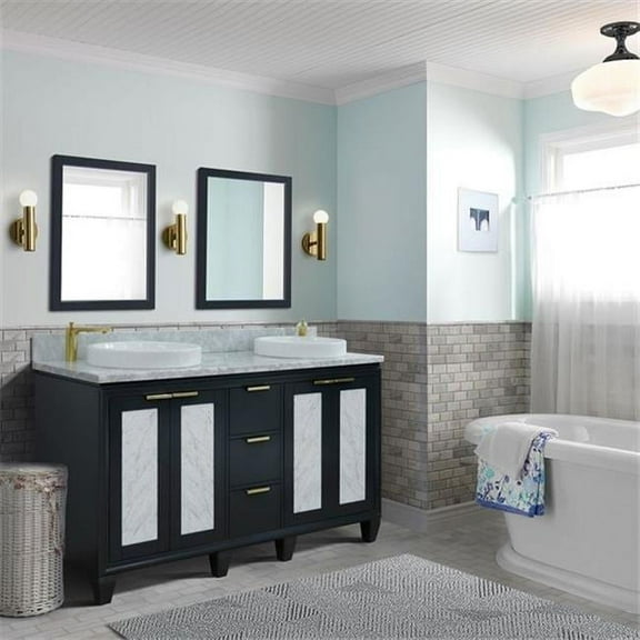 61 in. Double Round Sink Vanity with Carrara Marble Top, Dark Gray & White