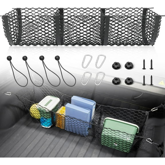 3 Pocket Truck Bed Cargo Net for Toyota Ford Dodge GMC Chevy Silverado, Universal Pickup Mesh Storage Net 47.2" x 11.8" Stretchable Elastic Truck Bed Grocery Holder Net with 4 Ball Bungees