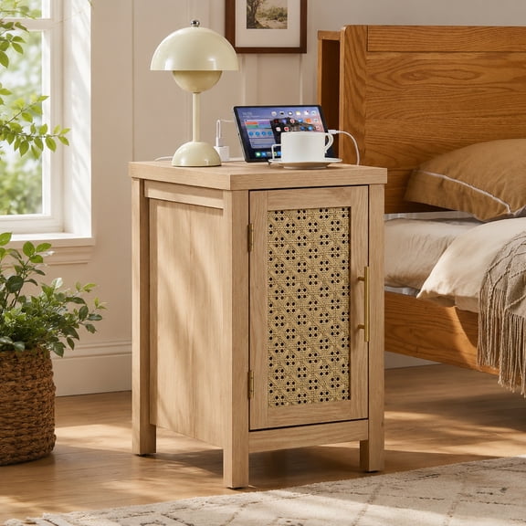 Leyaoyao Rattan Nightstand with Charging Station, Narrow Bedside Table with Woven Cane Door, Boho End Table for Living Room, Bedroom, Natural