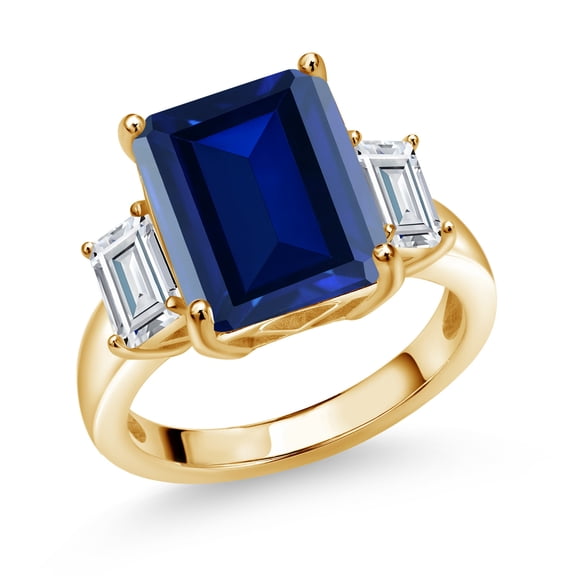 Gem Stone King 18K Yellow Gold Plated Silver 3-Stone Ring Octagon Blue Simulated Sapphire and Moissanite (7.84 Cttw, Size 5)