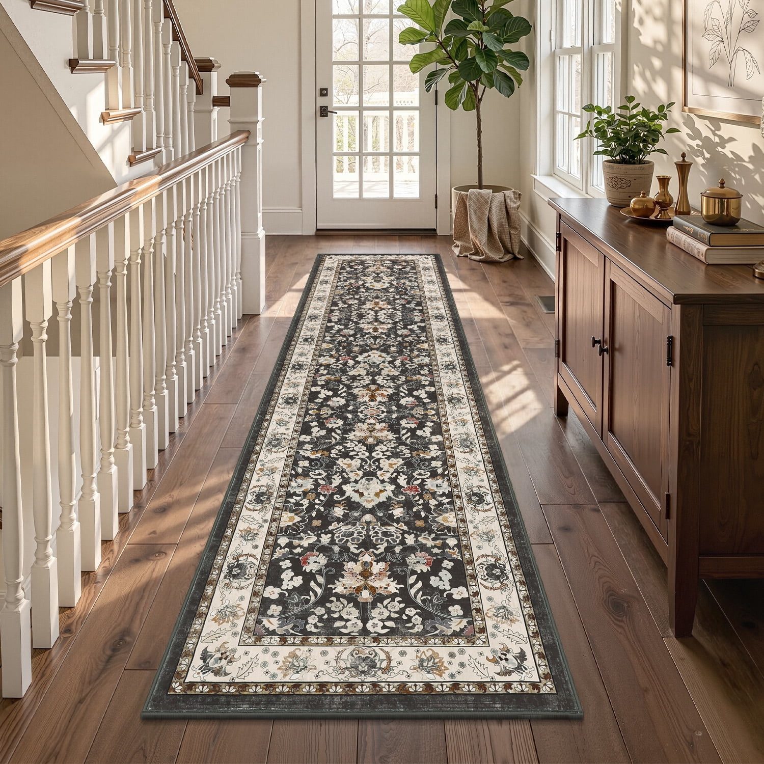 MJIAexp 2' x 8' Boho Floral Kitchen Runner Rug Machine Washable Runner Rug Non-Slip Hallway Runner Laundry Rug Throw Carpet for Living Room Bedroom Dining Room Entryway Kitchen Black