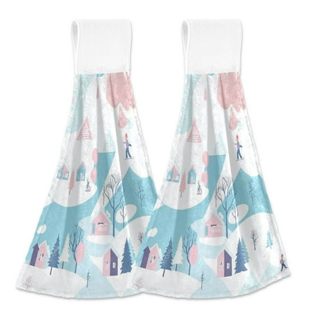 

2pcs Kitchen Hanging Towels Bathroom Hanging Towels Velcro Soft Hand Towel Absorbent Tie Towels for Kitchen Toilet Tea Bar Washcloth Decor Cartoon Snow Scenery