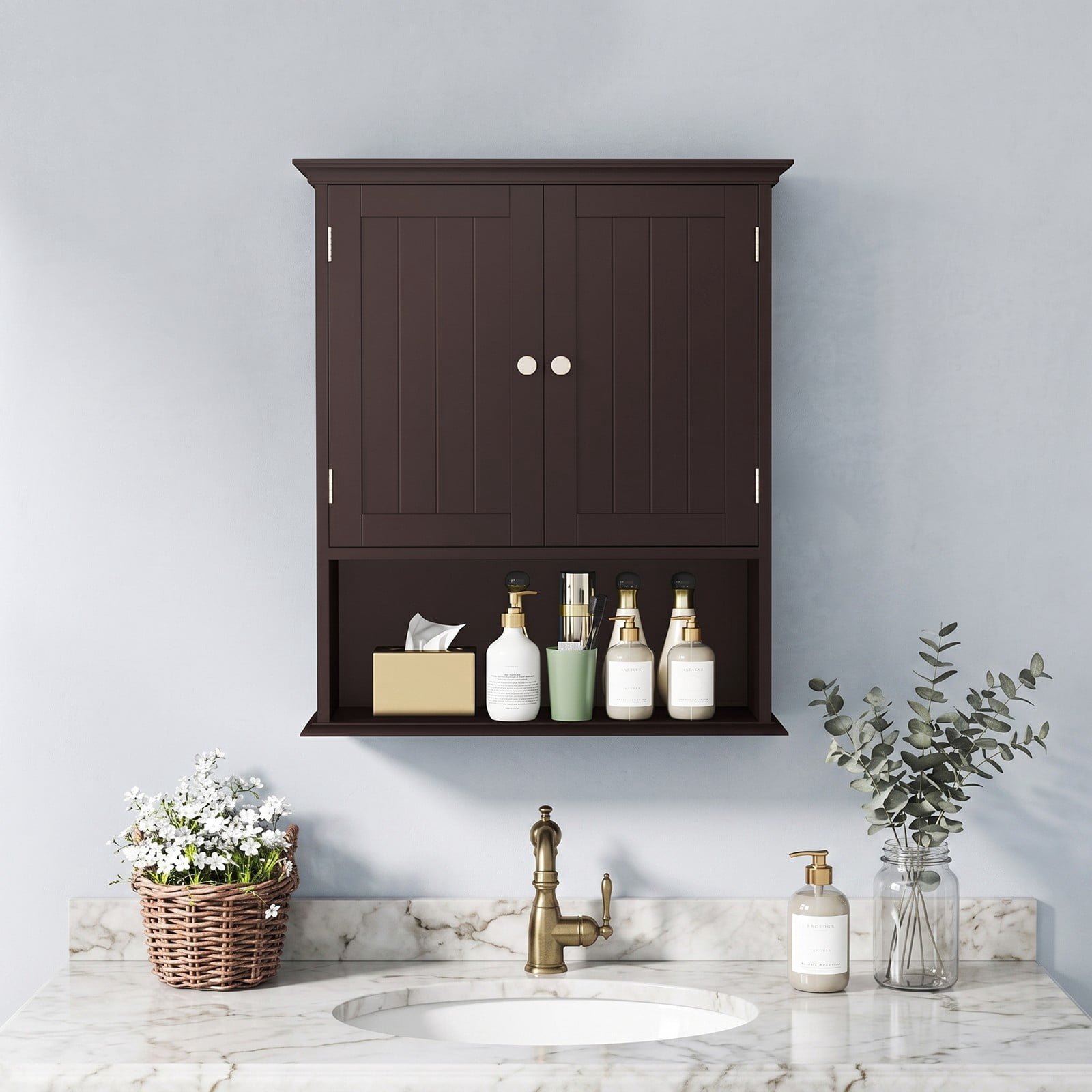 ALPULON Wall Mount Bathroom Cabinet, Space-Saving Wall Storage Organizer with 2 Doors and Adjustable Shelves for Bathroom Kitchen Bedroom Entryway, Coffee Brown