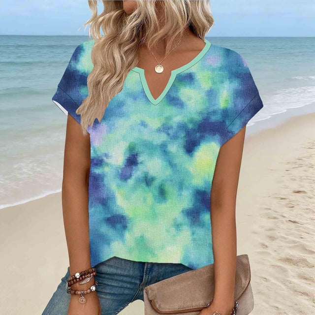 LVHAOGJOB T-Shirts à Col en V pour Femmes Chemises d'Été Tunique Imprimée Manches Courtes Hauts pour Femmes