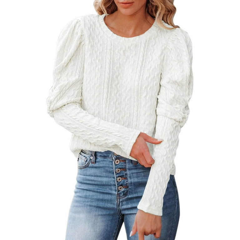 ZQGJB Petal Long Sleeve Casual Cable Knitted Sweaters for Women Loose Fit  Solid Color Crew Neck Pullover Sweater Tops Lightweight Thin Jacket Outwear  White XXL 