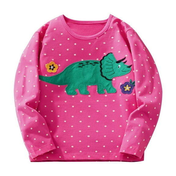 Ugoldhm Little Girls Long Sleeve Tees Polka Dot Dinosaur Graphic Tops Spring Fall Shirts