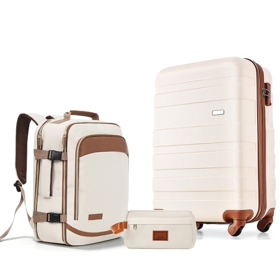 Euroco 3 Piece Luggage Sets, 20 Inch Carry On Luggage with TSA Lock & Spinner Wheels, ABS Hardshell Lightweight Suitcase Set with Travel Bags,Airline Approved,Ivory