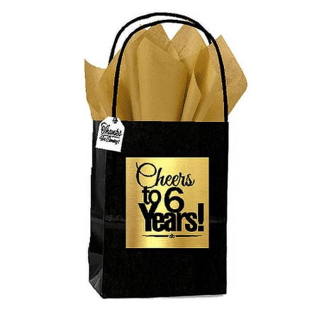Black & Gold 6th Birthday / Anniversary Cheers Themed Small Party Favor Gift Bags with Tags -12pack