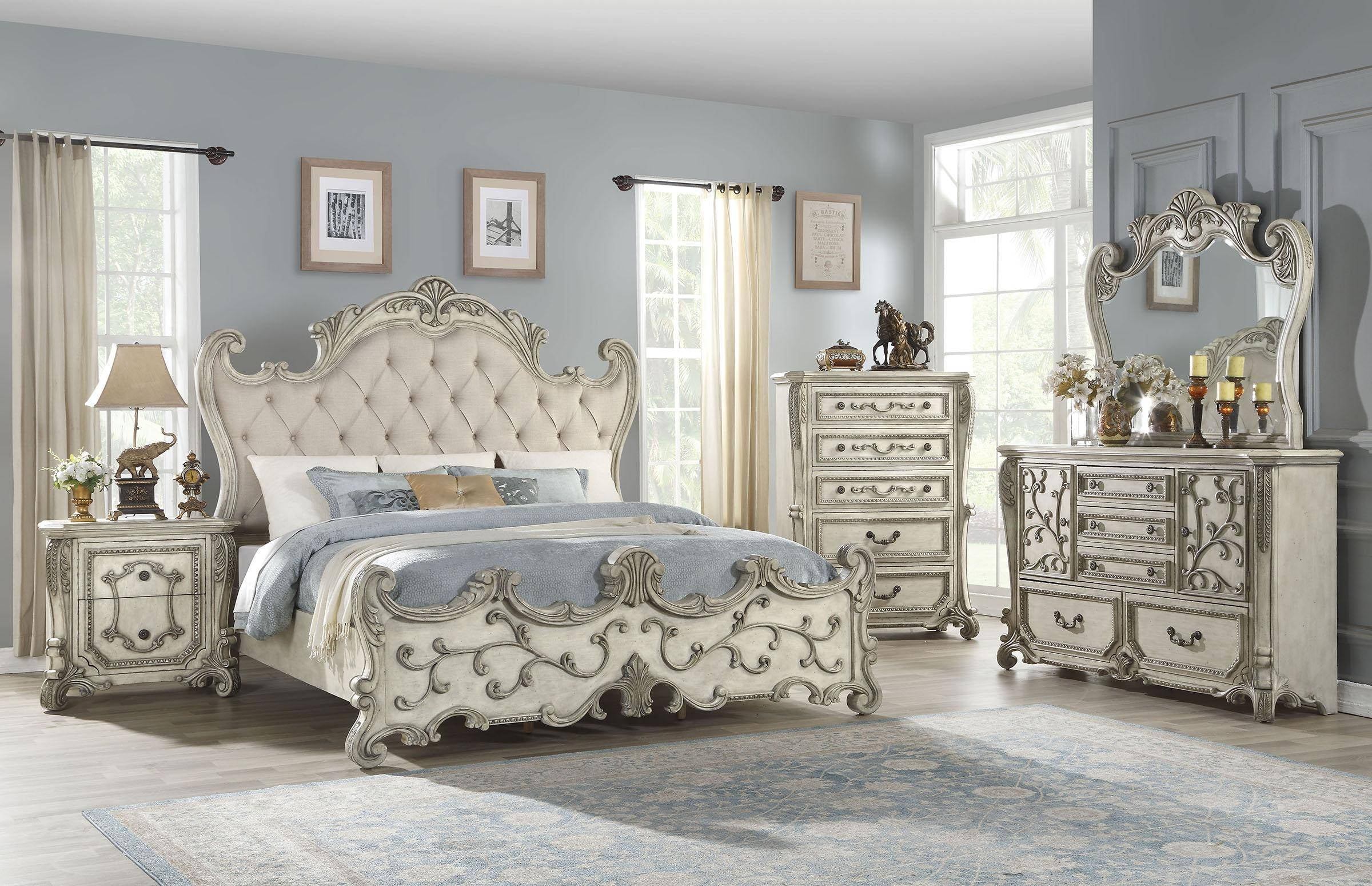 4pc Bedroom Furniture Set Antique White Finish Eastern King Size Bed