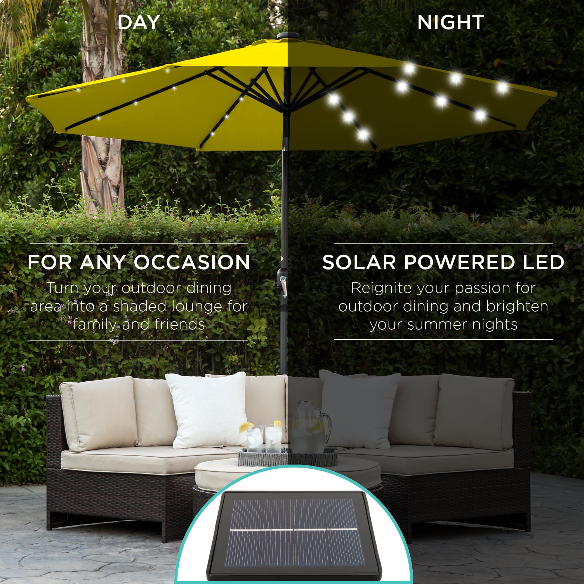 best choice products solar led lighted patio umbrella 10ft Polyester w/Tilt Adjustment and UV-Resistant Fabric button tilt lets you freely adjust the angle with a locking tilt joint Best Choice Products 10ft Solar