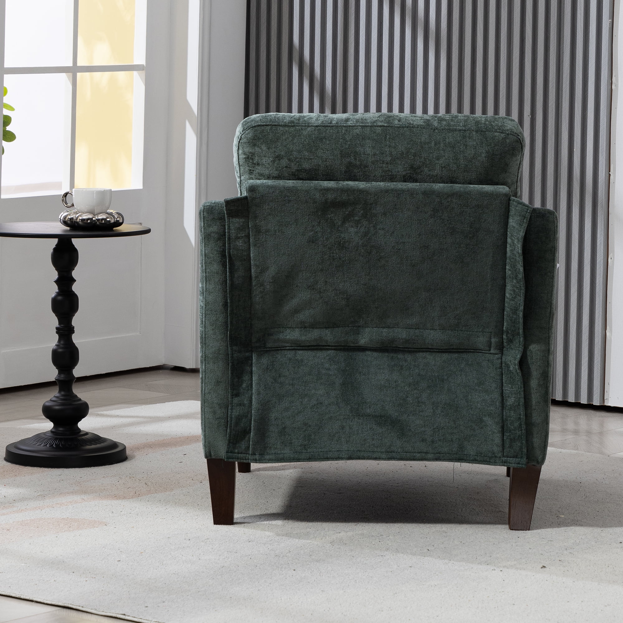 Comfortable armchair with USB charging port, ergonomic wide backrest, vintage wooden legs, comfortable upholstered armchair with side storage for living room bedroom
