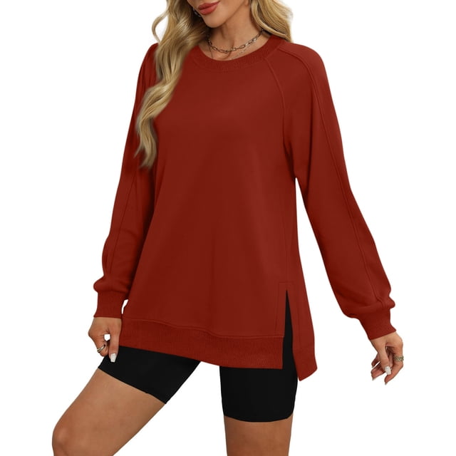 Swstbby Liquidation d'Automne! Hauts d'Automne pour Femmes Grande Taille, Haut Décontracté Uni à Manches Longues et Col Rond Marron TG