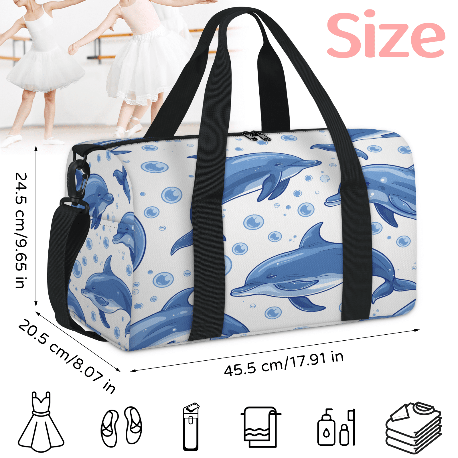 Herdesigns Dolphin Gym Bag for Women, Duffle Bag for Travel Sport, Sea Animal Lightweight Waterproof Carry on Weekender Dance Yoga Workout Bags