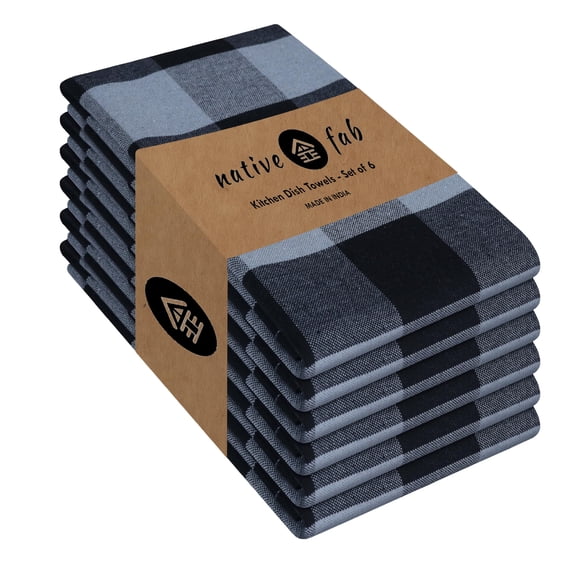 Native Fab 6 Pack Buffalo Check Kitchen Dish Towels, Cotton, Durable, Washable 16"x26" - Tea Towel, Soft Absorbent Cleaning Towels, Hand Towel with Hanging Loop - Black, Grey