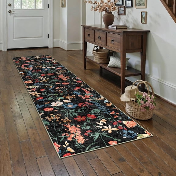 Bohemian Floral Hallway Runner Rug - Non-Slip Long Carpet for Entryway, Kitchen, Living Room, Stain Resistant