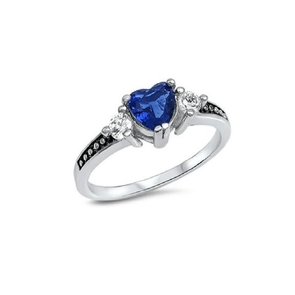 Heart Blue Simulated Sapphire Cubic Zirconia Ring Sterling Silver 925