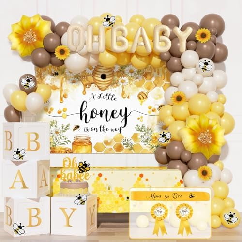 Bee Baby Shower Decorations for Boy or Girl – 111PCS Honey Bee Theme Party Supplies with Backdrop, Balloon Garland, Tablecloth, Boxes, Sash and Badges$$