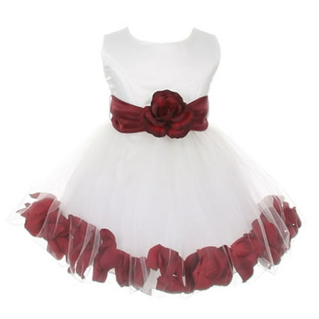 Baby Girls Ivory Burgundy Petals Organza Sash Flower Girl Dress
