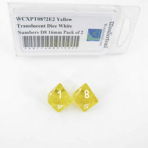 Yellow Translucent Dice with White Numbers D8 Aprox 16mm (5/8in) Pack of 2 Wondertrail