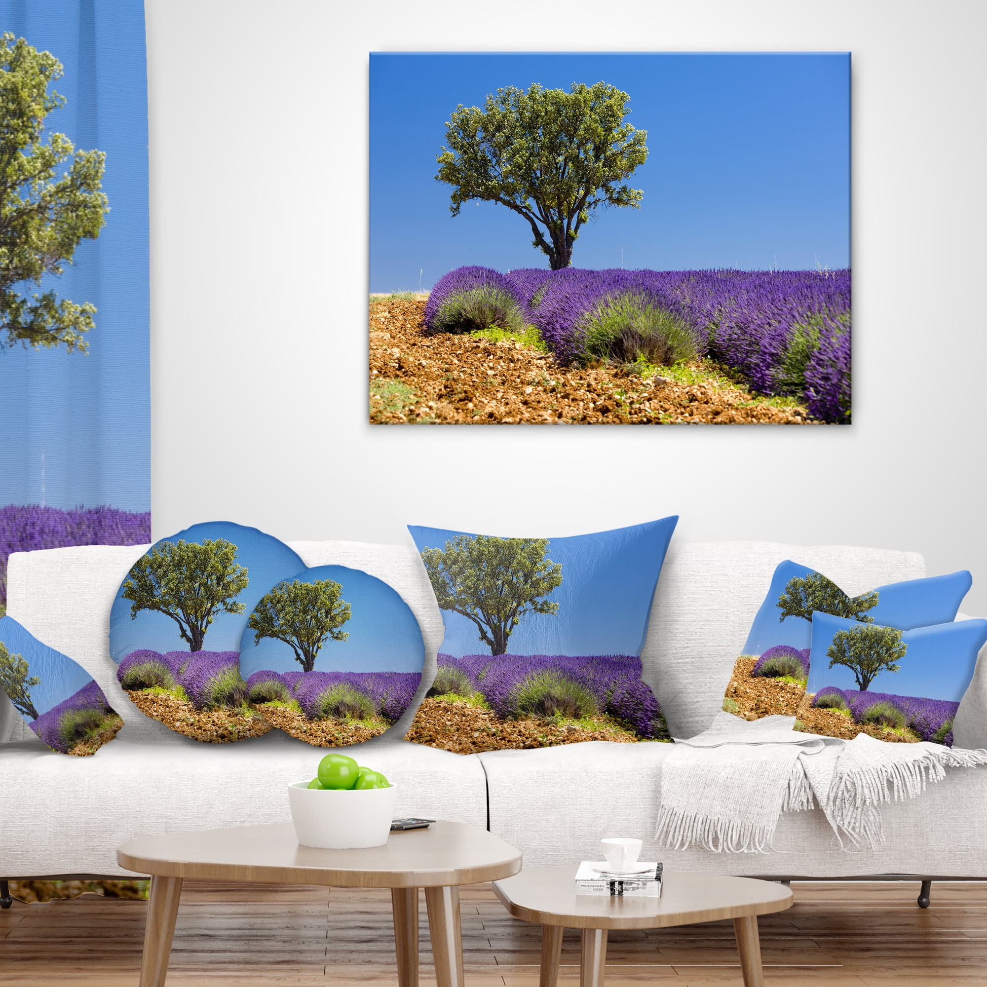 Designart Lone Green Tree in Lavender Field - Landscape Printed Throw Pillow - 12x20