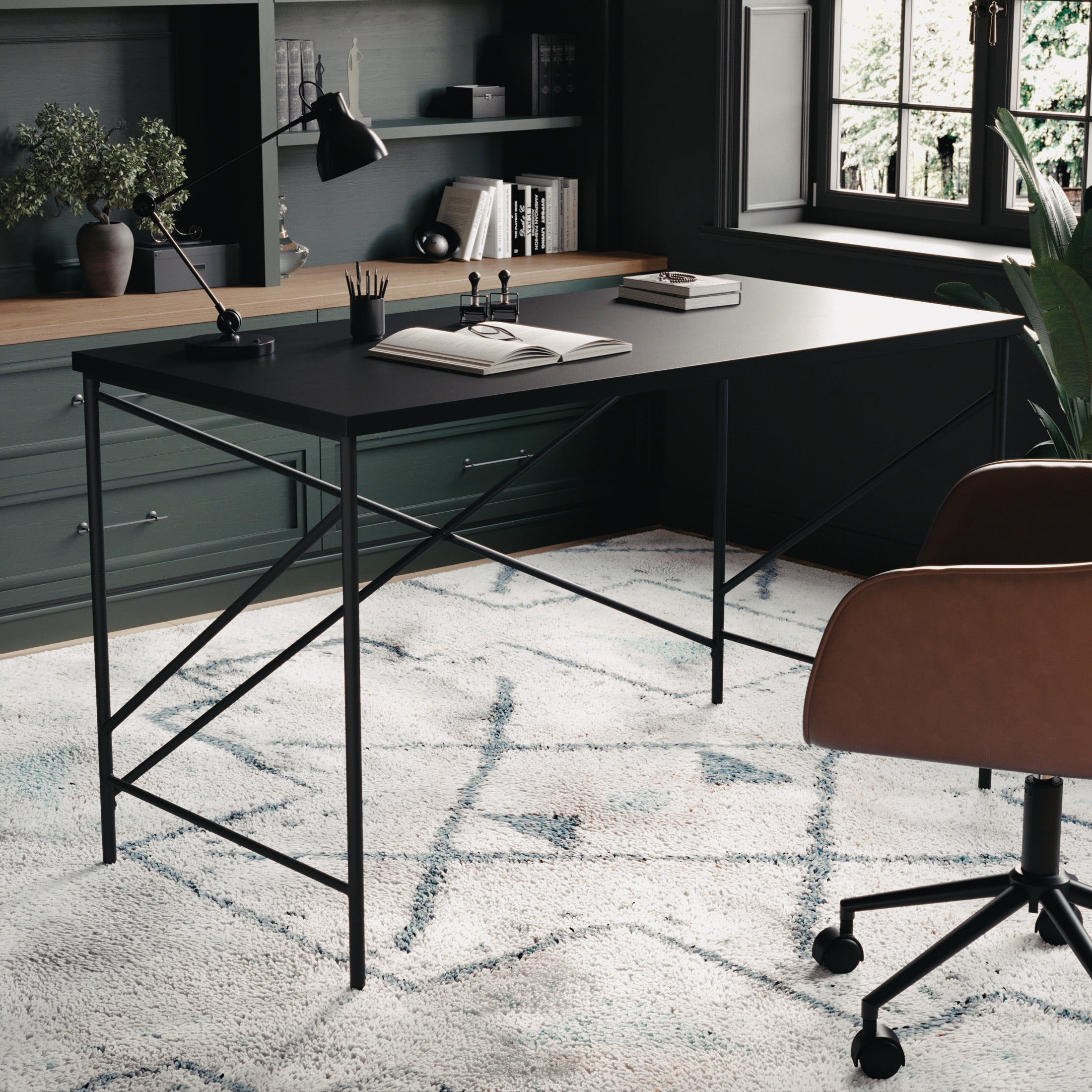 Martha Stewart Maddox Home Office Parsons Desk in Black Wood Grain with Oil Rubbed Bronze Metal X-Frame