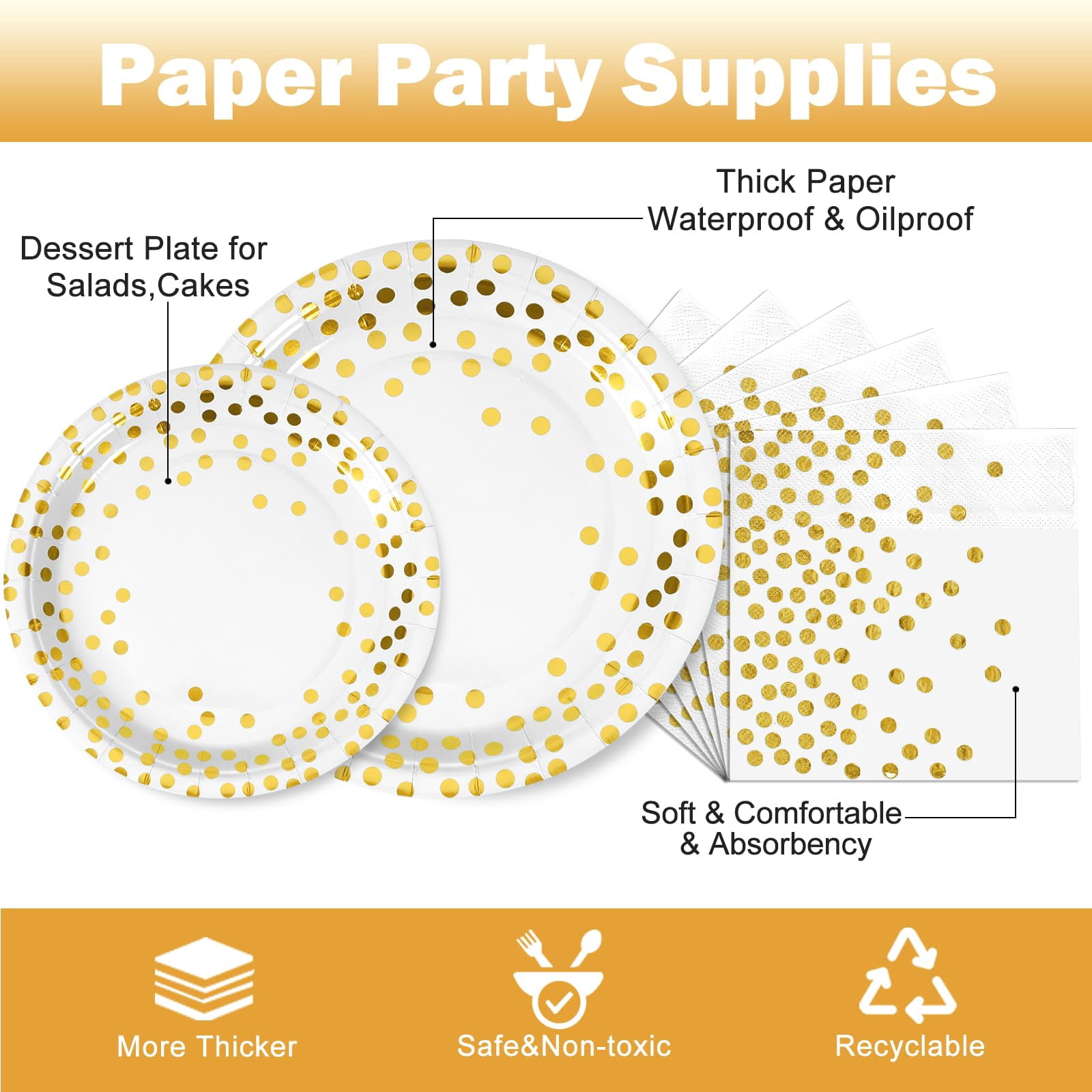 CENLBJ White Gold Paper Plates and AFN1Napkins Party Supplies-25 x 9" Disposable Plates & 25 x 7 Dessert Plate and 25 x 6.5 Napkins,Foil Polka Dots Paper Tableware for All Occasions