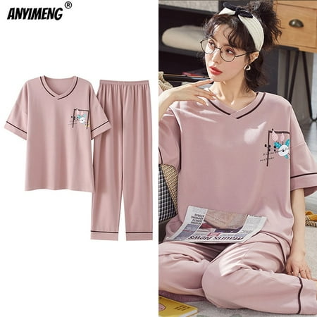 

New Sleepwear Cartoon Cotton Pajamas for Women Long Pants Short Sleeved Summer Spring Loungewear Fashion Home Clothing Homewear