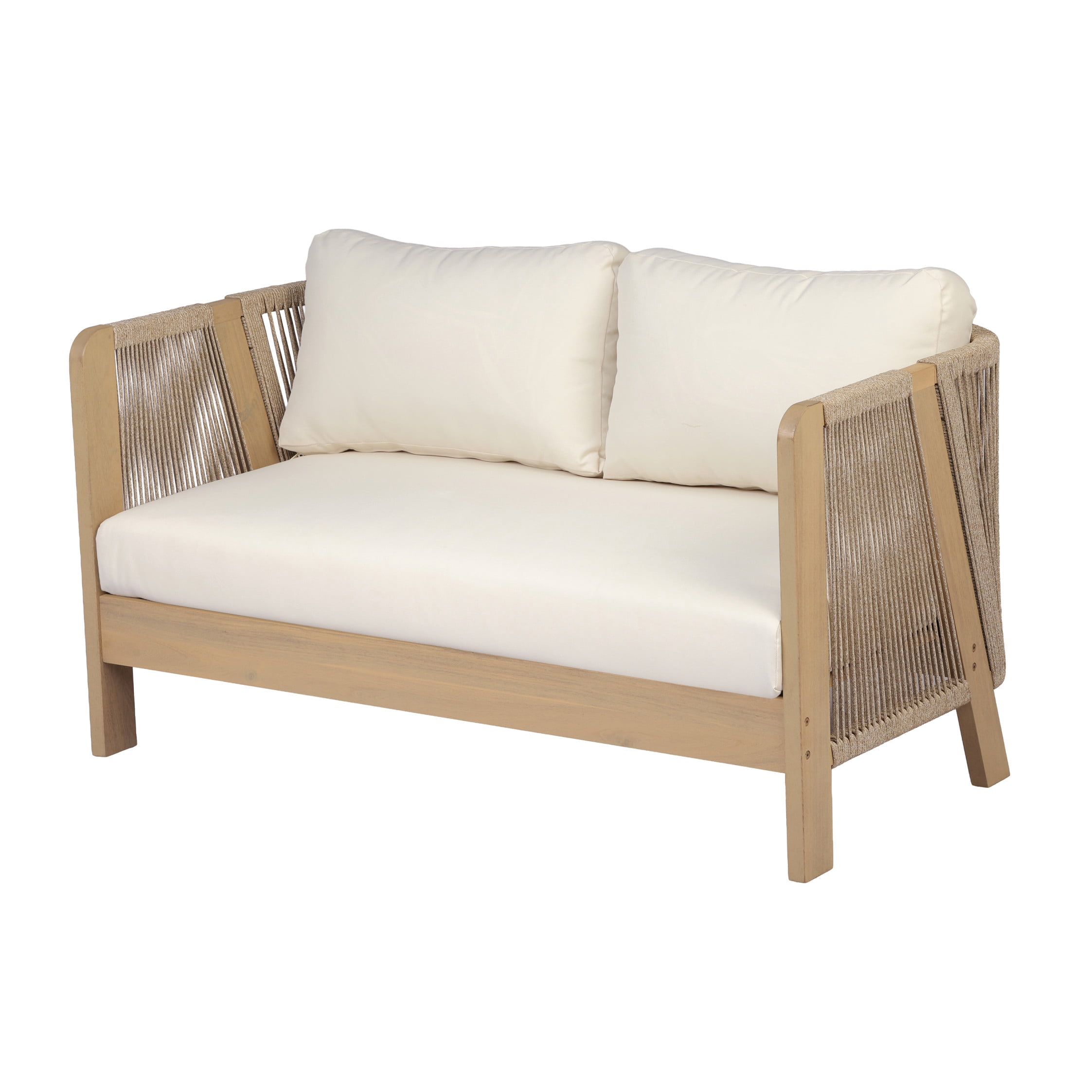 Christopher Knight Home 54" Acacia Wood Outdoor Loveseat, Rope Armrests, Thick Cushions, Light Teak+Cream
