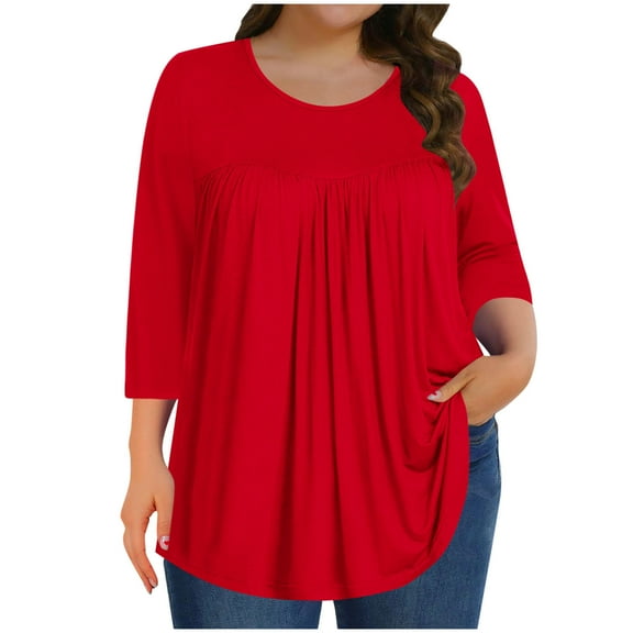 Wyobmus Women Plus Size Summer 3/4 Sleeve Shirt Solid Color Crew Neck Pleated T-Shirt Loose Fit Flowy Shirt 2025 Fashion Clothes L-5Xl Red